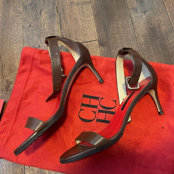 Carolina Herrera Brown Leather stiletto heels pumps sandals 37 like new - Picture 2 of 3